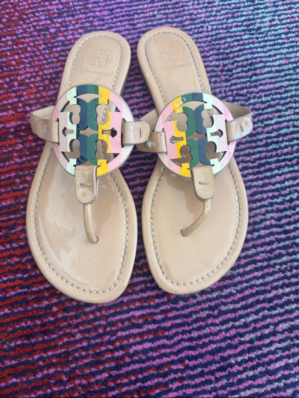 Tory Burch Beige Patent Miller Sandals with Multicolor Logo
